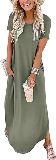 Women's Summer Casual Loose Short Sleeve Long T Shirt Dress Split Maxi Beach Sundress Travel Vacation Outfits