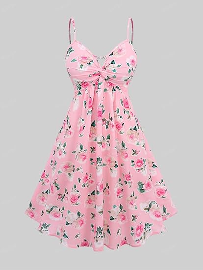 Plus Size Women Floral Sundress Set Twist Cami Dress and Tie Lace Crop Top Set Dress