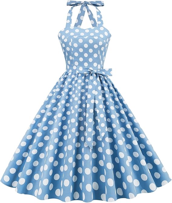 Women 50s Vintage Polka Dot Halter Cocktail Swing Dress Buttons Floral 1950s Rockabilly Audrey Hepburn Prom Tea Party Dress