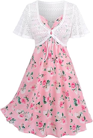 Plus Size Women Floral Sundress Set Twist Cami Dress and Tie Lace Crop Top Set Dress